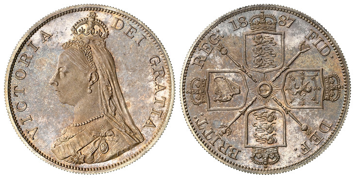 1087916 GREAT BRITAIN. Victoria. (Queen, 1837-1901). 1887 AR Double Florin. NGC PR64.  VICTORIA DEI GRATIA. Coroneted bust left / Sceptres divide crowned arms at corners. KM 763. Arabic 1; SCBC-3923; ESC-2698  (ESC-396).

Please use this link to v...