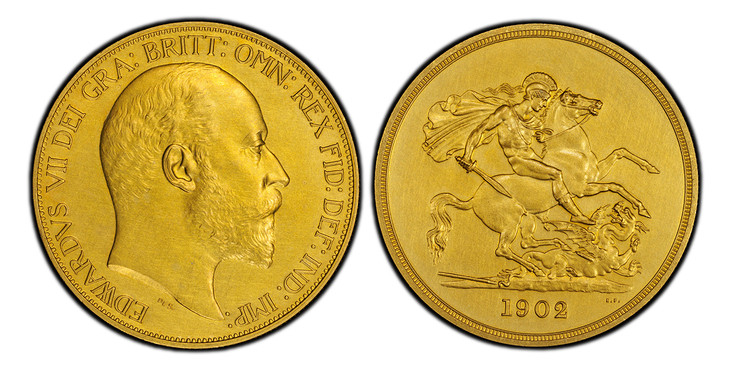 1088201 GREAT BRITAIN. Edward VII. (King, 1901-1910). 1902 AV & AE 13 Piece Proof Set (Five Sovereign through Maundy Penny). PCGS PR65-PR62 Matte.  Head left / St. George slaying the dragon. PS15 (KM-795-797.1, KM798-870); SCBC-PS9 (Coronation).

...