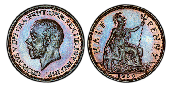 1087377 GREAT BRITAIN. George V. 1930 AE Halfpenny. PCGS PR65BN (Brown).  By Bertram MacKennal (Obv.). 25.5mm. Smaller head left / Britannia seated right. KM 837. Proof; SCBC-4058; Peck 2311;  Freeman-415 (R18).
Includes original collector's envel...