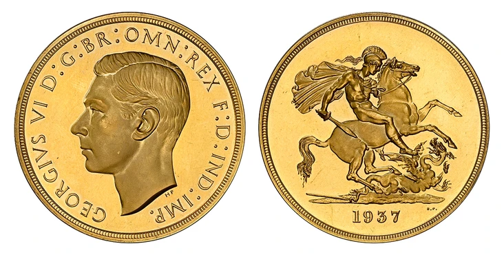1087942 GREAT BRITAIN. George VI. (King, 1936-1952). 1937 AV Five Pounds. NGC PR64UCAM (Ultra Cameo).  Head left / St. George slaying the dragon. KM 861; SCBC-4074; W&R 435.

From a mintage of just 5,001.

Please use this link to verify the NGC ce...