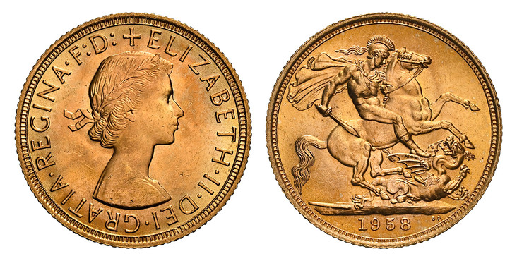 1085585 GREAT BRITAIN. Elizabeth II. (Queen, 1952-2022). 1958 AV Sovereign. NGC MS65.  Laureate bust right / St. George slaying the dragon. KM 908; SCBC-4125; Marsh 298.

Please use this link to verify the NGC certification number <a href="https:/...