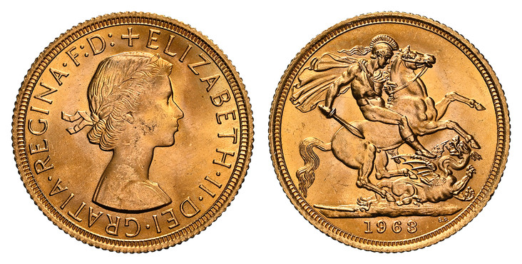 1085609 GREAT BRITAIN. Elizabeth II. 1963 AV Sovereign. NGC MS65.  Laureate bust right / St. George slaying the dragon. KM 908; SCBC-4125; Marsh 301.

Please use this link to verify the NGC certification number <a href="https://www.ngccoin.com/cer...