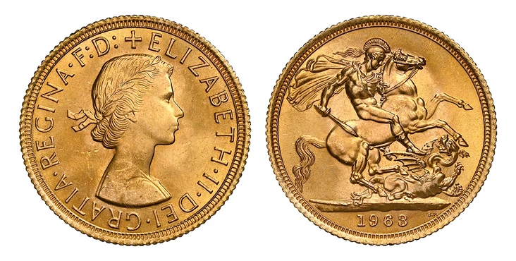 1087337 GREAT BRITAIN. Elizabeth II. 1963 AV Sovereign. NGC MS66.  Laureate bust right / St. George slaying the dragon. KM 908; SCBC-4125; Marsh 301.

Please use this link to verify the NGC certification number <a href="https://www.ngccoin.com/cer...