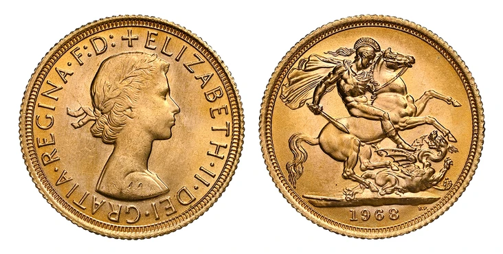 1087338 GREAT BRITAIN. Elizabeth II. (Queen, 1952-2022). 1968 AV Sovereign. NGC MS66.  Laureate bust right / St. George slaying the dragon. KM 908; SCBC-4125; Marsh 306.

Please use this link to verify the NGC certification number <a href="https:/...