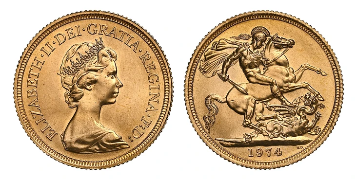 1087340 GREAT BRITAIN. Elizabeth II. (Queen, 1952-2022). 1974 AV Sovereign. NGC MS66.  By Mary Gillick (Obv.). Young bust right / St. George slaying the dragon. KM 919; SCBC-4125; Marsh 304.

Please use this link to verify the NGC certification nu...