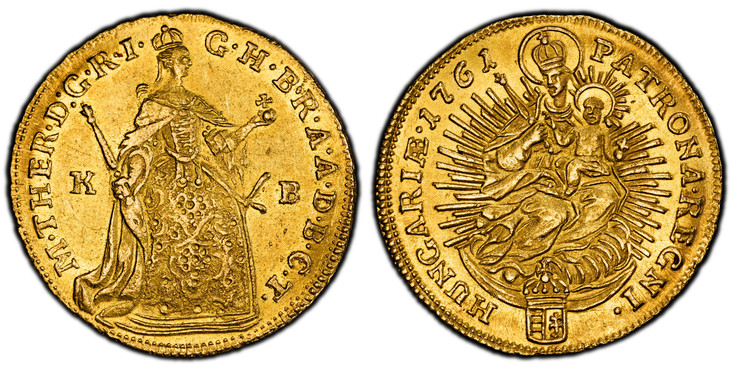 1087575 HUNGARY. Maria Theresia. 1761-K-B AV Ducat. PCGS AU58.  Nagybanya. 3.48gm. M · THER · D · G · R · I · - G · H · B · R · A · A · D · B · C · T ·. Standing figure / PATRONA REGNI - HUNGARIÆ · date. Radiant Madonna and child. KM 329.2; Fr.-18...
