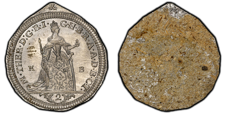 1087710 HUNGARY. Maria Theresia. 1765-KB KB/KD Tin Off-Metal 2 Ducats (Pair). PCGS MS64.  3.50gm. & 2.70gm. M · THER · D: G · R · I · -  G · H · B · R · A · A · D · B · C · T ·. Standing Monarch in ornamented dress with orb in the left hand, scept...