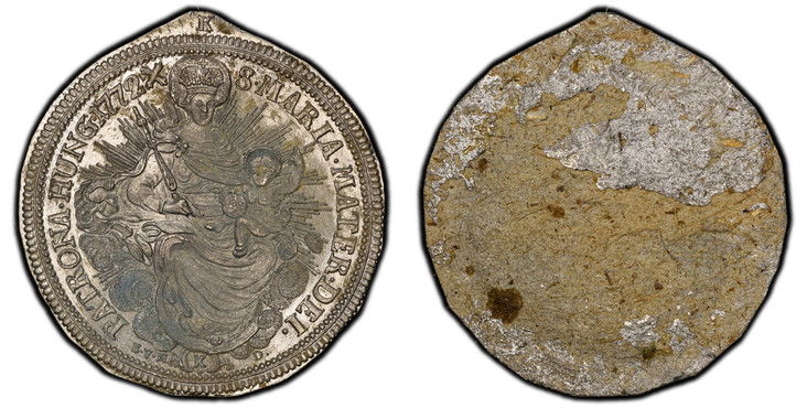 1087715 HUNGARY. Maria Theresia. 1772-K EVM-D Tin Off-Metal 1/2 Thaler. PCGS MS63.  Kremnica. S · MARIA MATER DEI · PATRONA · HUNG · (date) · X. Seated radiant glorified and crowned Madonna with glorified child on left arm; orb in the left hand, s...