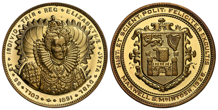1086792 IRELAND REPUBLIC. Trinity College, Dublin. "1591" (1926) AV Medal of 9 Ducats Weight. NGC MS65DPL (Deep Prooflike).  By West & Son, King's Jewellers, Grafton Street. Edge: Plain. 40mm. 31.09gm. COLL. SS. ET. INDIVID. TRIN. REG. ELIZABETHAE...