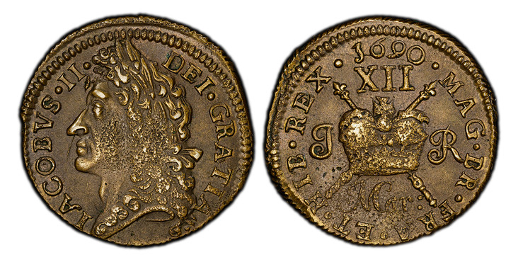 1087659 IRELAND. 1690 March Brass Shilling. PCGS MS62.  Dublin mint. Head of James II left / Crown over crossed scepters; date above; J – R flanking and month MARA below. KM 100; SCBC 6581J; Dowel & Finn 429; Withers 1s March 90, 25/22.

Gun Money...