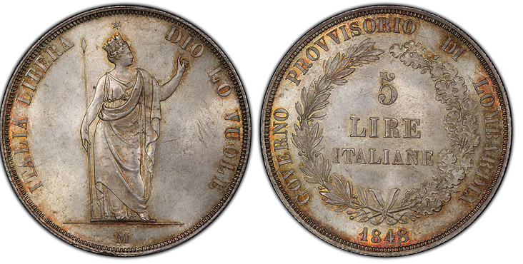 1088083 ITALIAN STATES. Lombardy-Venetia. 1848-M AR 5 Lire. PCGS MS64+.  Milan. GEVERNO PROVVISORIO DI LOMBARDIA. Written and numeral value within wreath above date / ITALIA LIBERA DIO LO VUOLE M. Crowned standing figure, star above, M below. KM C...