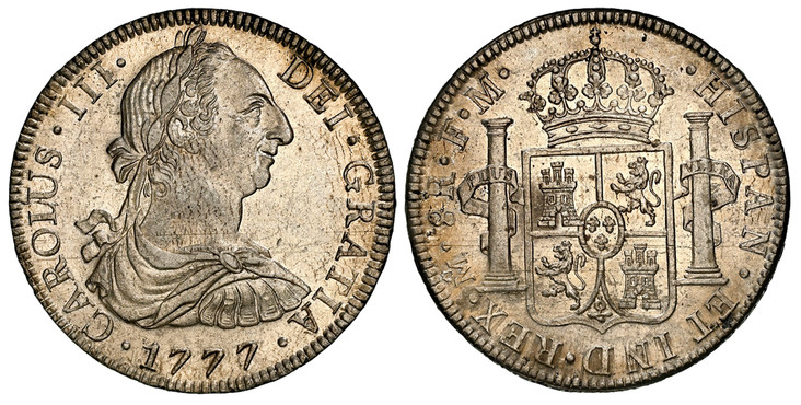 1087389 MEXICO. Charles III. 1777-Mo FM AR 8 Reales. NGC MS61.  Mexico City. CAROLUS · III · DEI · GRATIA ·. Armored bust of Charles III, right / · HISPAN · ET IND · REX · ... Crowned shield flanked by pillars with banner, normal initials and mint...