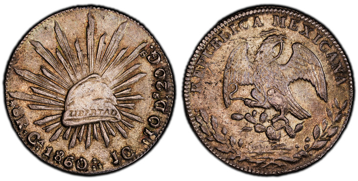 1087211 MEXICO. 1860- Ca JC AR 8 Reales. PCGS AU55.  Chihuahua. REPUBLICA MEXICANA. Facing eagle, snake in beak / Radiant cap. KM 377.2; Grove 2460.

Please use this link to verify the PCGS certification number <a href="http://www.pcgs.com/cert/54...
