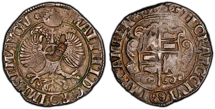 1087795 NETHERLANDS. Kampen. 1686 (1693)-(Rider) AR Florin (28 Stüber). PCGS XF40CM - AU Details.  [HOL]. 19.47gm. Crowned shield of arms; encircled date in legend below / Croned imperial eagle within inner circle; the title of Matthias in the leg...