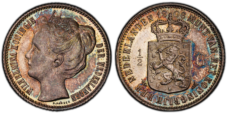1087213 NETHERLANDS. Wilhelmina I. (Queen, 1890-1948). 1906 AR 1/2 Gulden. PCGS MS63.  Edge: Reeded. Head left / Crowned Arms without 50 C. below shield. KM 121.2; Scholten 833.

Please use this link to verify the PCGS certification number <a href...
