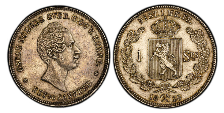 1087390 NORWAY. 1856 AR Specie Daler. PCGS MS61.  OSCAR NORGES... Head right / Crowned arms divide value within wreath, crossed hammers divides date below. KM 317.

Please use this link to verify the PCGS certification number <a href="http://www.p...