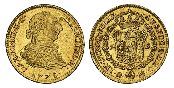 1087324 SPAIN. Charles III. (King, 1759-1788). 1776/5-(Crowned-M) PJ AV 2 Escudos. NGC AU58.  Madrid. CAROL · III · D · G · HISP · ETIND · R ·. Bust right / Crowned arms in Order collar. KM 417.1; Calico 1551.

Popular Revolutionary date.

Please ...