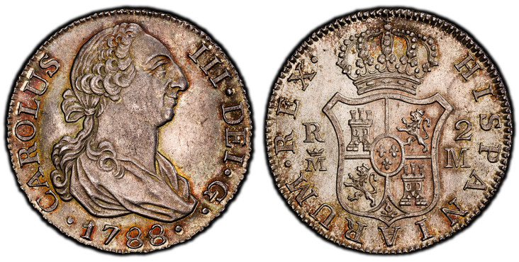 1086893 SPAIN. Charles III. (King, 1759-1788). 1788-(Crowned M) M AR 2 Reales. PCGS MS64.  Madrid. 5.93gm. CAROLUS · III · DEI · G ·. Bust right / HISPANIARUM · REX ·. Crowned arms of Castile and Leon. KM 412.1; Calico 640.

Please use this link t...