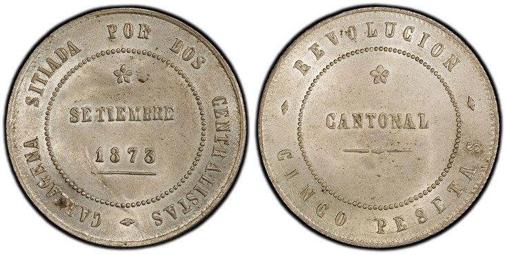 1088157 SPAIN. 1873 AR 5 Pesetas, 20 Reales. PCGS MS64.  Cartagena. CARTAGENA SITIADA... Month, date, flower within beaded circle / Flower, written value within beaded circle. KM 716; Calico 14.

Revolutionary Coinage. Currently the finest known a...
