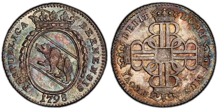 1087676 SWISS CANTONS. Bern. 1798 AR 20 Kreuzer. PCGS MS64.  BERNENSIS  RESPUBLICA. Crowned, oval arms of Bern, date below / DOMI NUS PROVI DEBIT. Crowned monogram in cruciform. KM 159; HMZ 2-221m.

Please use this link to verify the PCGS certific...