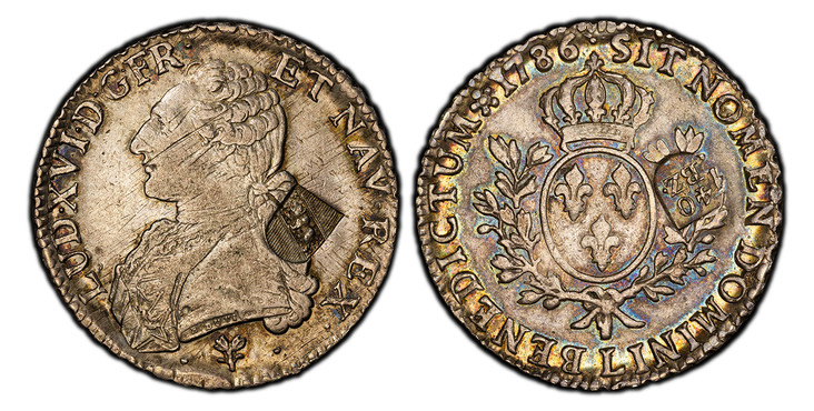 1087609 SWISS CANTONS. Bern. Louis XV. (King, 1715-1744). 1816-19 (ND) AR 40 Batzen. PCGS AU53.  Counterstamp: Bern arms//40//BZ on a French Ecu of 1786-L(Bayonne) host coin. LUD · XV · D · G · FR · ET · NAV · REX ·. Laureate head left / SIT NOMEN...