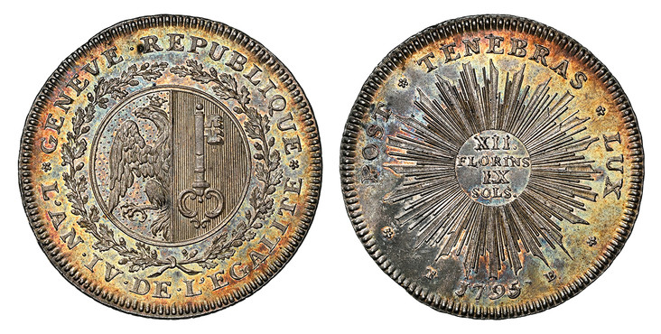 1087585 SWISS CANTONS. Geneva. 1795 TB AR 12 Florins / 9 Sols. NGC MS64.  * GENEVE · REPUBLIQUE · L'AN · IV · DE · L'EGALITE *. Arms within circle and wreath / * POST * TENEBRAS * LUX *. Value in center of large radiant sun, date below. KM 111; Da...