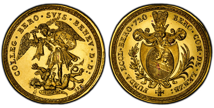 1087588 SWISS CANTONS. Luzern. Beromünster. (c. 19th Century) ND SBF AV Medal of 3 Ducats Weight. PCGS MS67 Restrike.  By S. Burger. Edge: Plain. 10.96gm. Helmeted shield of arms with a lion striding left; branches below / The Archangel Michael wi...