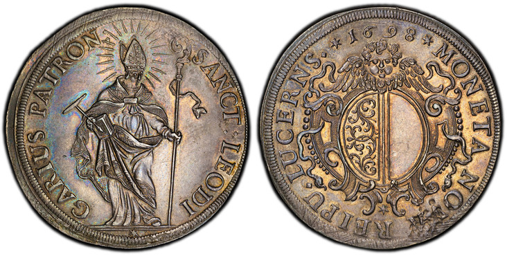 1088226 SWISS CANTONS. Luzern. 1698 AR Thaler. PCGS MS62.  Augsburg Mint. Ornate oval shield / St. Leodegar standing facing. KM 40; Dav.-4625.

Please use this link to verify the PCGS certification number <a href="http://www.pcgs.com/cert/56423197...