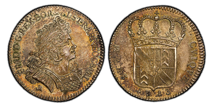 1087610 SWISS CANTONS. Neuchatel. 1713 AR 1/4 Thaler, 1/4 Ecu. PCGS MS62.  Neuenburg. 6.81gm. FRID · D · G · BOR .... Portrait of King Friedrich I of Prussia, right / SVVM CVIQVE. Crowned arms, date below. KM 38; Froidevaux V292; D.T. 984b; HMZ 2-...