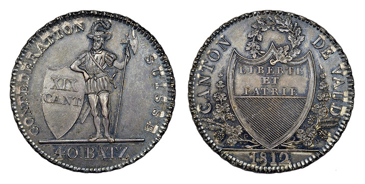 1088154 SWISS CANTONS. Vaud. 1812 AR 40 Batzen. NGC MS64.  CANTON DE VAUD. Shield within sprigs, small wreath above, date below / CONFEDERATION SUISSE. Knight standing beside shield, value below. KM 17; Dav.-362; HMZ-2-997a; Divo 222.

From a repo...