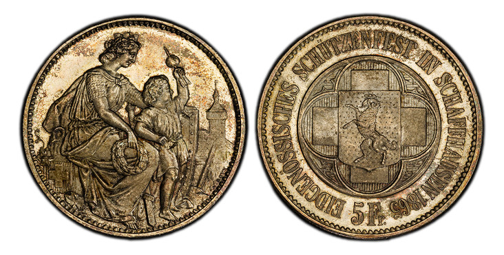 1087601 SWITZERLAND. Schaffhausen. 1865 AR Confederation Shooting Taler of 5 Francs. PCGS MS66.  By Antoine Bovy. 24.96gm. EIDGENOSSISHES SCHÜTZENFEST IN SCHAFFHAUSEN. Arms in quadra foil / Helvetia seated right with child standing before shield. ...