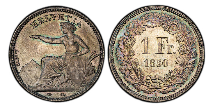 1087597 SWITZERLAND. 1850-A AR Franc. PCGS MS65.  5.01gm. HELVETIA. Seated Helvetia / Value, date within wreath. KM 9; Divo 3; HMZ 2-1203a.

Please use this link to verify the PCGS certification number <a href="http://www.pcgs.com/cert/54913708/">...