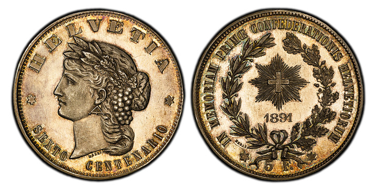 1087929 SWITZERLAND. 1891 AR Pattern 5 Francs. PCGS PR64.  Edge: Reeded. 25.90gm. HELVETIA * SEXTO – CENTENARIO *. Laureate head left, ESSAI below truncation / IN MEMORIAM PIMOE CONFEDERATIONIS HELVETIORUM. Radiant Swiss cross above date within wr...