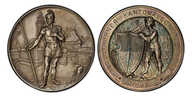 1087602 SWITZERLAND. Solothurn Canton. 1895 AR Shooting Medal. PCGS SP64 Matte.  Edge: Plain. 39.02gm. Soldier in traditional armor before city view / Boy with Solothurn coat of arms. Richter 1123a.
Housed in an oversized holder.

Please use this ...