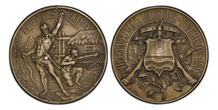 1087607 SWITZERLAND. Vaud Canton, Yverdon. 1899 AR Shooting Medal. PCGS SP64 Matte.  By A. Jacot-Guillarmod. 38.93gm. TIR CANTONAL VAUDOIS · YVERDON · 1899. Coat-of-arms over two rifles crossed in saltire; all over branch and Swiss cross / LIBERTA...