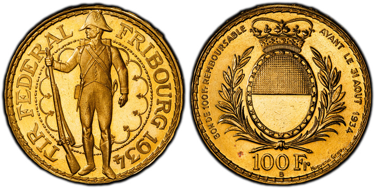 1087926 SWITZERLAND. 1934-B AV 100 Francs Shooting Thaler. PCGS MS64PL (Prooflike).  Bern. TIR FEDERAL - FRIBOURG (date). Uniformed rifleman standing facing, head left / BON DE 100Fr REMBOURSABLE - AVANT LE 31 AOUT 1934. Crowned oval Arms within s...