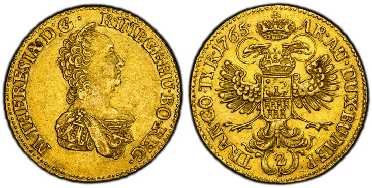 1087627 TRANSYLVANIA. Maria Theresia. (Holy Roman Empress, 1740-1780) . 1765 AV 2 Ducats. PCGS AU58.  Maria Theresa right / Crowned double headed eagle with shield of arms over breast. KM 631; Fr.-540; Herinek 63, Eypeltauer 349a; Resch 131.

Plea...