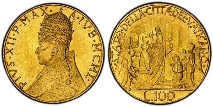 1085809 VATICAN CITY. Pius XII. (Pontiff, 1939-1958). MCML (1950) AV 100 Lire. PCGS MS66.  20.8mm. 5.19gm. Crowned bust left / Opening of the Holy Year Door. KM 48; Friedberg 289; Pagani 716; Bolzano Vatican 39; Gigante 108; Montenegro 519; Berman...