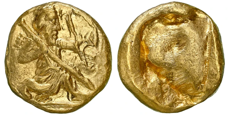 1087873 CENTRAL ASIAN. ACHAEMENID EMPIRE. Darios I - Xerxes II. (Circa 485-420 BC). Struck circa 5th Century BC. AV Daric. NGC AU (About Uncirculated) Strike 4/5 Surface 5/5 Die shift.  Sardes. 15mm. 8.35gm. Persian king or hero, wearing kidaris a...