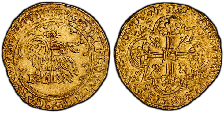1088004 FRANCE. Charles VI. (King, 1380-1422). (1380-1422) AV Agnel d'Or. PCGS MS62.  Saint-Lô. 2.51gm. Lamb and cruciform staff with flying banner / Floriated cross in quadrilobe, fleurs de lis in angles. Fr.-290; Duplessy 372.

First Emission, s...