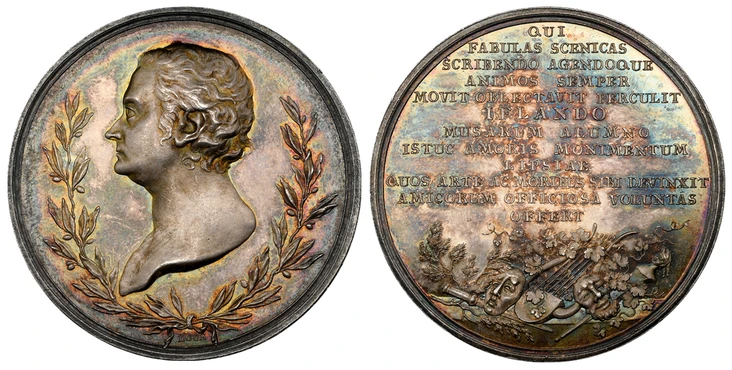 1083808 GERMANY. August Wilhelm Iffland. (Director of the Berliner Theater, 1796-1814). ND (c.1814) AR Medal. NGC MS65.  By Daniel Friedrich Loos. Berlin. Bust, left within laurel wreath; signed below / Latin inscription above theater attributes a...