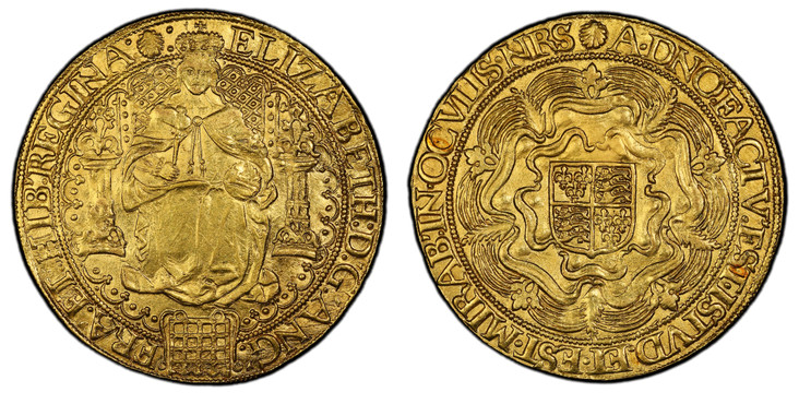 1088463 GREAT BRITAIN. England. Elizabeth I. (Queen, 1558-1603). (1584-86) ND-(Escallop) AV Sovereign. PCGS MS62.  London (Tower) mint. 15.21gm. ELIZABETH: D'. G'. ANG'. - FRA'. ET. HIB'. REGINA. Queen enthroned, tressure not broken by throne; por...