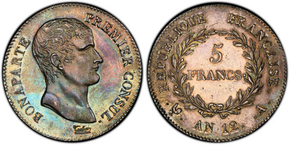 1076315 FRANCE. Napoleon. (Premier Consul, 1799-1804). AN 12 (1803)-A AR 5 Francs. NGC AU58.  Paris. Edge: * DIEU PROTEGE LA FRANCE. NAPOLEON EMPEREUR. Head right / REPUBLIQUE FRANCAISE. Denomination within wreath. KM 660.1; Gadoury 577; F.-302; M...