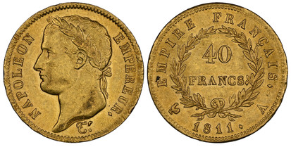 1076699 FRANCE. First Empire, Napoleon Bonaparte. (Emperor, 1804-1814, 1815). 1811-A AV 40 Francs. NGC MS61.  By Tiolier. Paris. NAPOLEON EMPEREUR. Laureate head left / EMPIRE FRANCAIS.// 40/ FRANCS. Denomination within wreath. KM 696.3.

Please u...