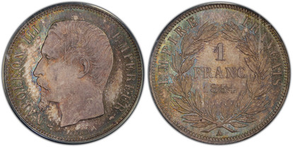 1076873 FRANCE. Napoleon III. 1854-A AR Franc. PCGS PR66.  Paris. NAPOLEON III EMPEREUR. Head, left / EMPIRE FRANCAIS. Denomination within wreath. KM 779.1; Gadoury 460; F.-214.

Currently the finest known at PCGS as of November 2023
Housed in a l...