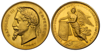 1078172 FRANCE. Napoleon III. (Emperor, 1842-1870). 1867 Gilt CU Medal. NGC MS67.  By H. Ponscarme. Edge: (Bee) CUIVRE. 37mm. NAPOLEON III EMPEREUR. Laureate head left; H PONSCARME F below / EXPOSITION · UNIVERSELLE DE · MDCCCLXVII · À · PARIS. Ge...