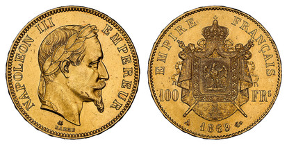 1077516 FRANCE. Napoleon III. (Emperor, 1842-1870). 1869-A AV 100 Francs. NGC MS62.  By Barre. Paris. Edge: DIEU PROTEGE LA FRANCE. NAPOLEON III EMPEREUR. Laureate head right / EMPIRE FRANCAIS. Crowned and mantled arms divide denomination. KM 802....