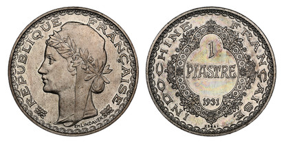 1076970 FRENCH INDO-CHINA. Third Republic. (1870-1940). 1931-(a) AR Piéfort Essai (Pattern) Piastre. NGC MS64.  By Barre. Paris. Edge: Plain. 35mm. 38.74gm. REPUBLIQUE FRANÇAISE. Laureate head left / INDOCHINE FRANÇAISE/ 1/ PIASTRE/ (date)/ ESSAI....