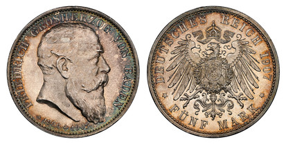1077464 GERMAN STATES. Baden. Friedrich I. 1907 AR 5 Mark. NGC MS66.  Edge: GOTT MIT UNS. Head right / Crowned imperial German eagle, shield on breast. KM 279; AKS 160; Jaeger 37.

Death of Friedrich.

Please use this link to verify the NGC certif...