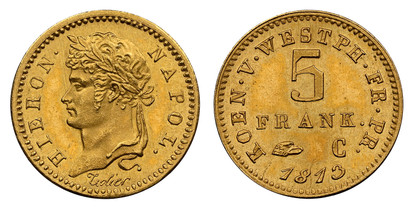 1076895 GERMAN STATES. Westphalia. Jerome Napoleon. (King, 1807-1813). 1813 (1867)-C (eagle) AV Restrike 5 Franken. NGC PR66.  By Pierre-Joseph Tiolier. Paris. Edge: Plain. Laureate head, left; signed below truncation / Denomination and date. cf. ...